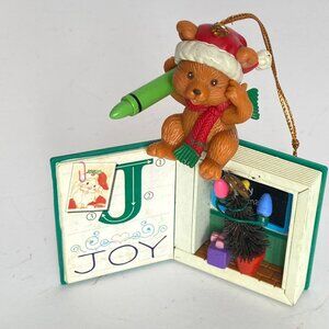 1997 Lustre Fame Bear Sitting On Santa Story Book J for Joy Ornament Vintage